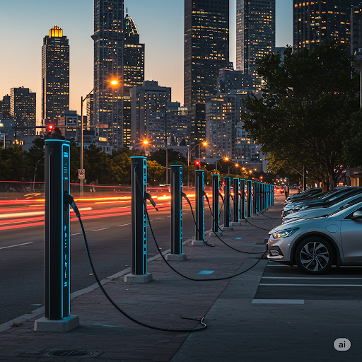 도심속 전기충전기에서 충전 중인 전기차