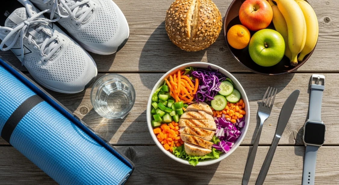 건강한 식단과 운동을 동시에 보여주는 이미지, 건강식과 운동화 요가매트,스마트워치등을 보여줌