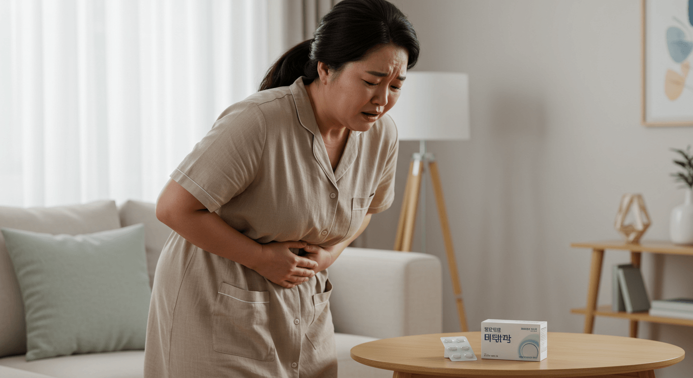 비만 여성 환자가 위고비 부작용으로 메스꺼움과 복통을 겪는 모습 3