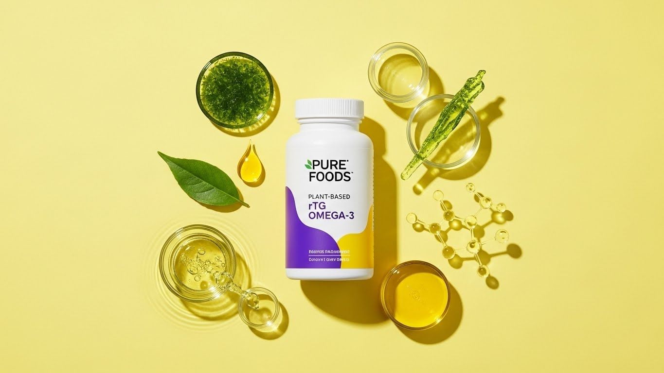 활기차고 깔끔하며 현대적인 플랫 레이 구성. 중앙에는 보라색과 노란색 액센트가 있는 세련되고 미니멀한 '퓨어 푸드 식물 기반 rTG 오메가-3' 병이 있습니다.