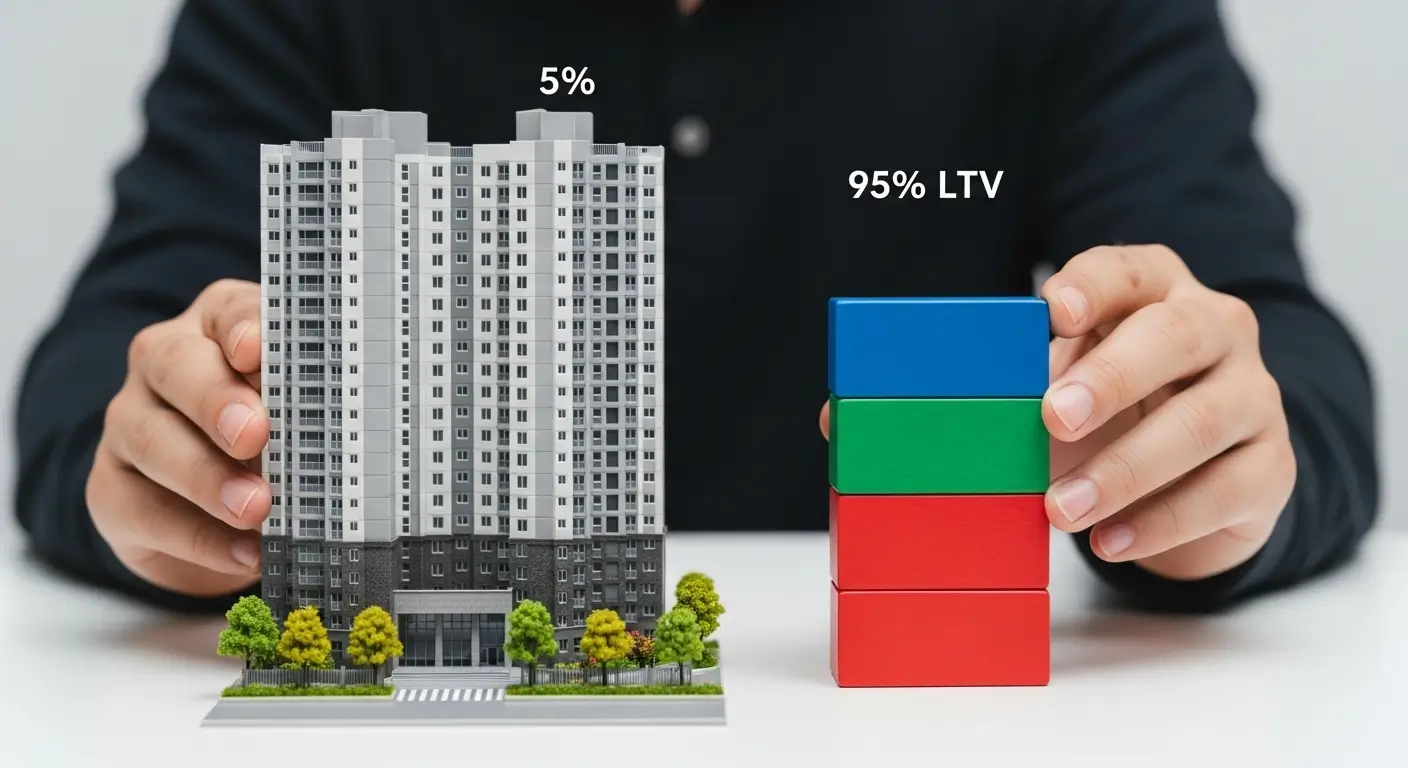 아파트 모형 가치의 95%까지 1순위, 2순위, 3순위 대출 블록을 쌓아올리는 후순위 사업자대출 한도