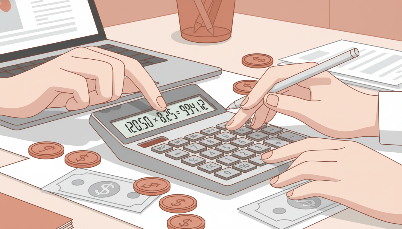 계산기를 사용하여 임금을 계산하는 손의 클로즈업. 복잡한 노동절 수당 계산을 시각적으로 보여줍니다.