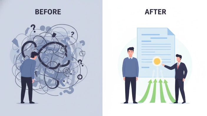 외국환거래법 위반 과태료에 대한 불안감(왼쪽)과 전문가의 도움을 받아 문제를 해결하고 안도하는 모습(오른쪽)을 비교한 이미지