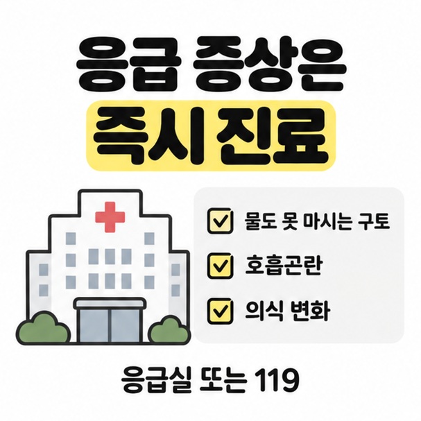 물을 마시기 어려운 구토, 호흡곤란, 의식 변화가 있으면 응급실이나 119를 이용하도록 안내하는 카드