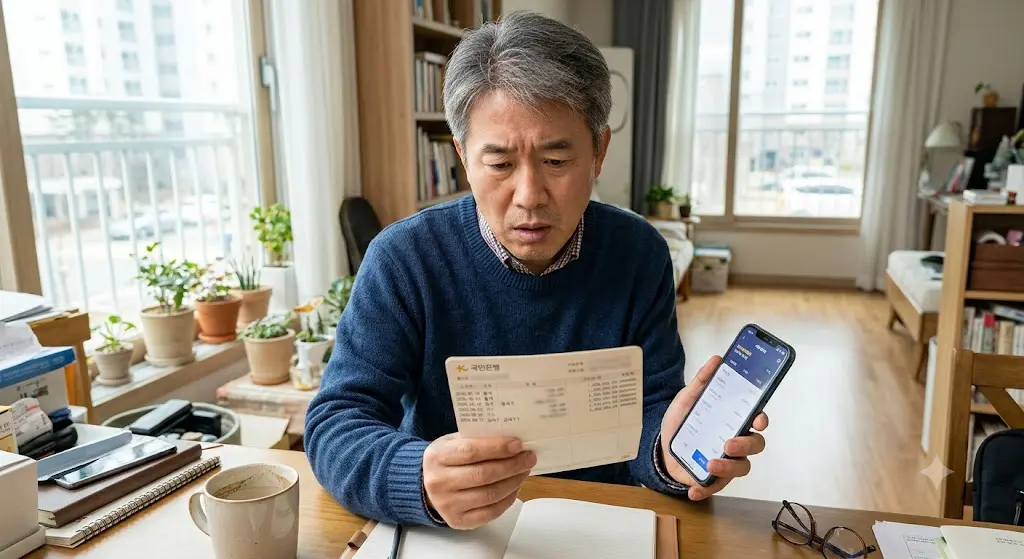 통장을 확인하며 의아한 표정을 짓는 중년 남성이 한 손에 스마트폰을 들고 있는 모습