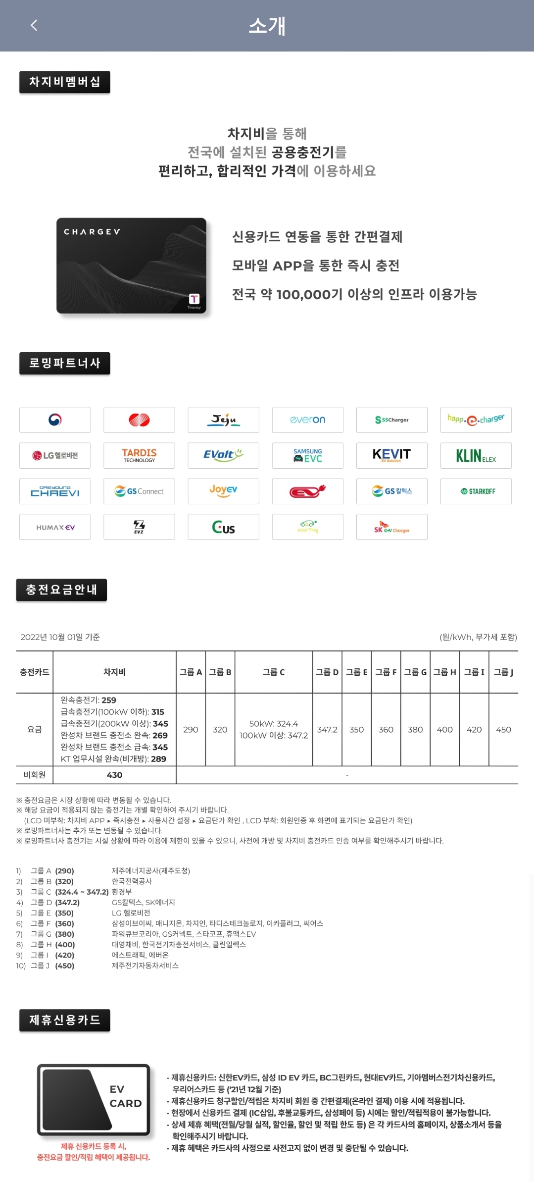 차지비 멤버십 회원카드 및 전기 충전 비용