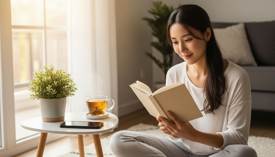 디지털 웰니스 라이프스타일 스마트폰을 내려놓고 독서를 하는 모습