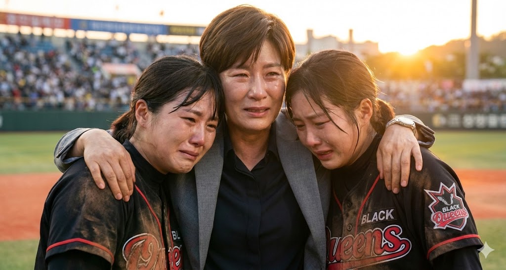 An emotional scene where the general manager, with reddened eyes, embraces the players by their shoulders.