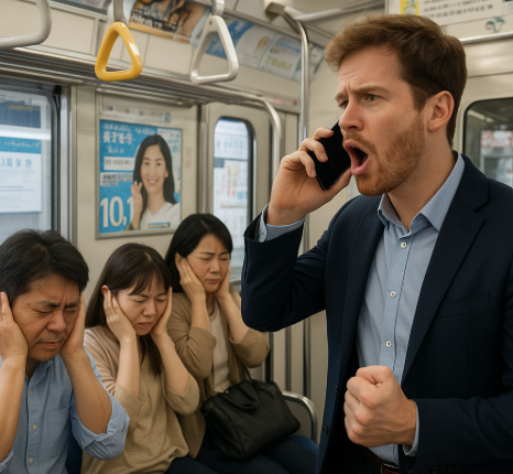 일보 전철에서 예의에 어긋나는 행동을 하는 모습