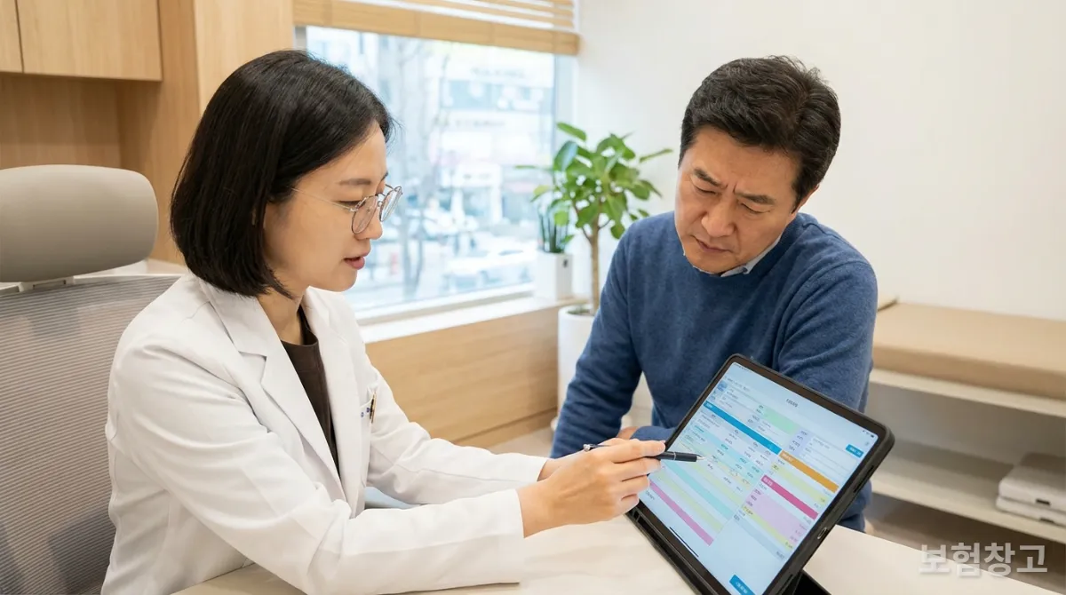 병원에서 비급여 항목에 대해 설명하는 한국인 의사와 환자