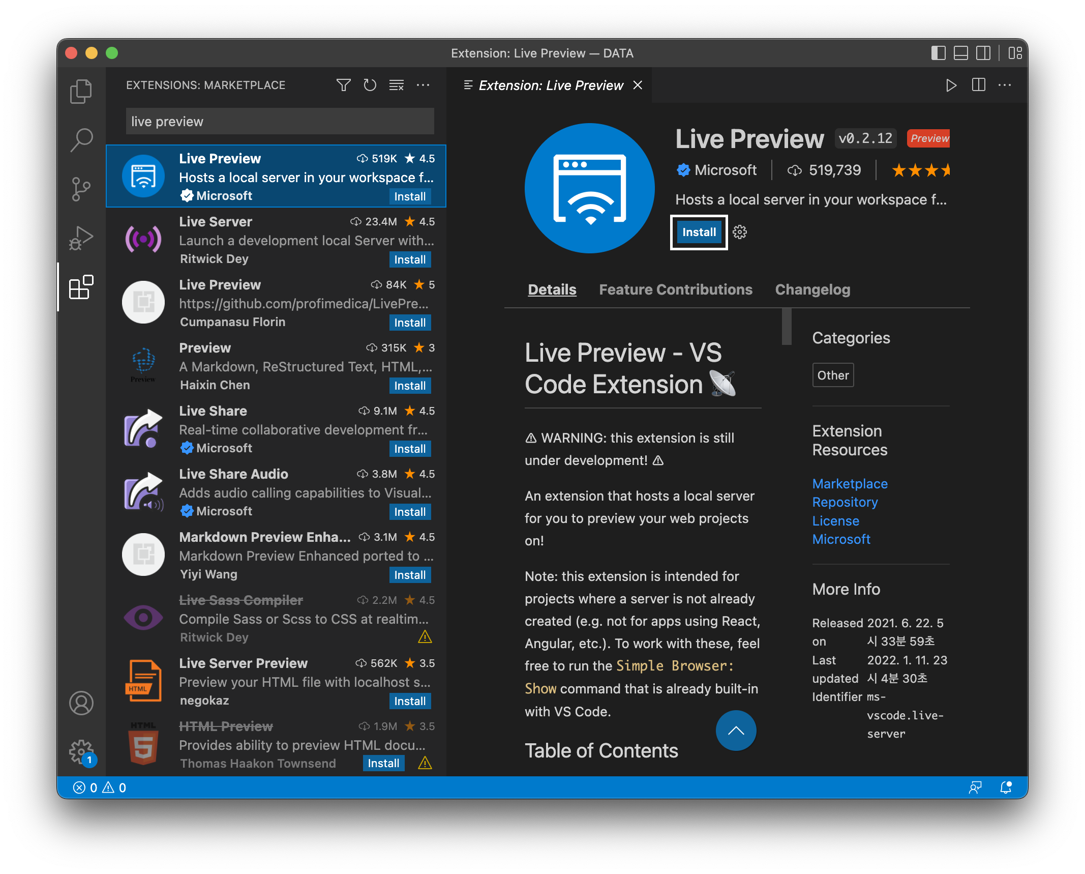 install-버튼을-눌러서-live-preview를-설치한다.
