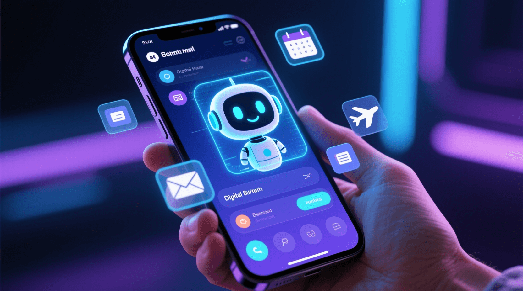 스마트폰 화면 위로 떠오른 AI 에이전트 홀로그램이 일정과 메일을 관리하는 모습
