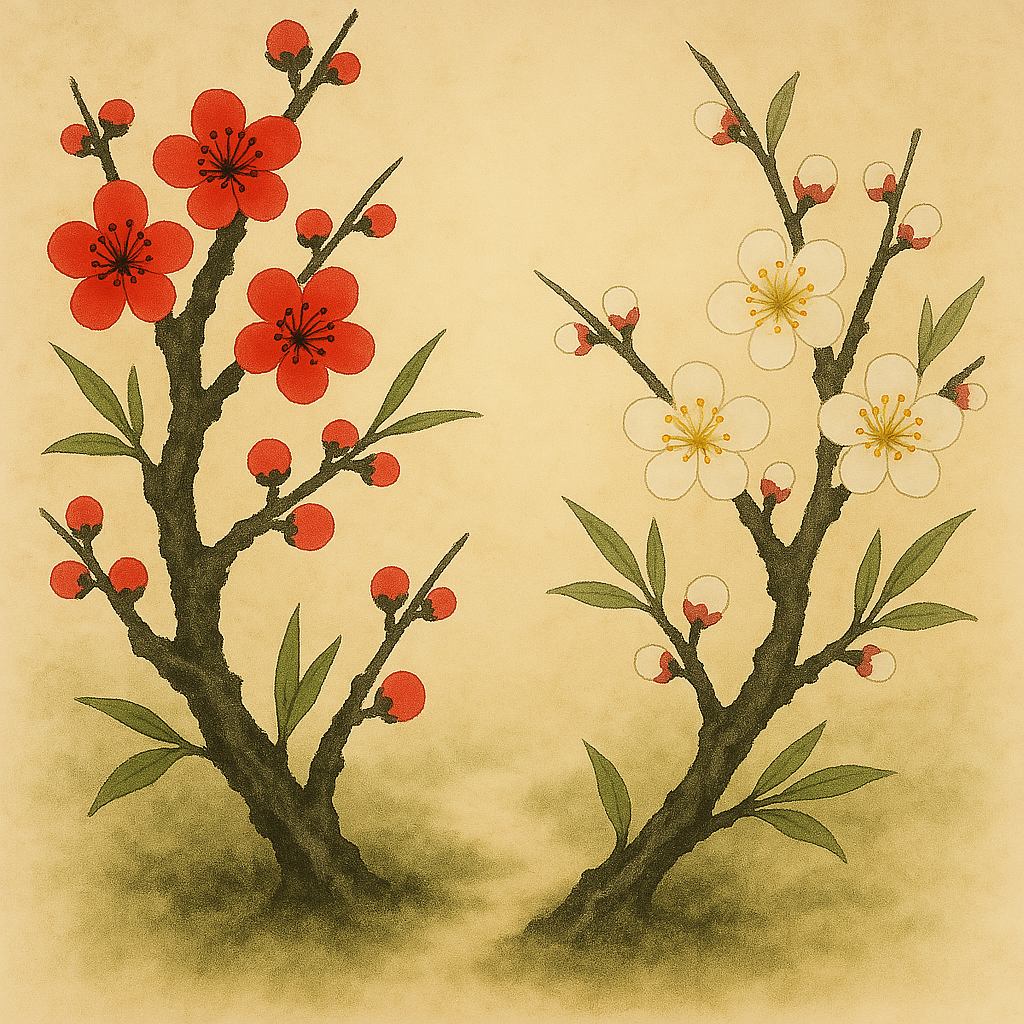 두 개의 매화 가지가 서로 얽히듯 다정하게 피어 있는 모습. 각기 다른 매화 가지가 자연스럽게 조화를 이루는 모습은, 서로 다른 두 사람의 기질이 만나 이해하고 존중하며 관계를 맺어가는 행복한 궁합을 상징
