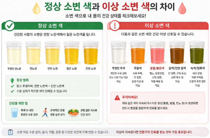 정상 소변 색과 이상 소변 색 차이, 소변 색으로 건강 상태 확인하는 인포그래픽