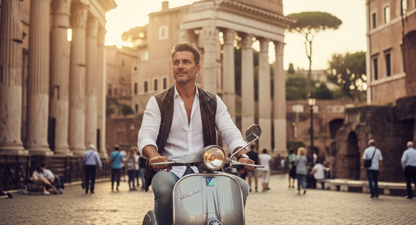 화이트 리넨 셔츠를 입고 베스파를 타는 남성, 로마의 고풍스러운 광장 배경