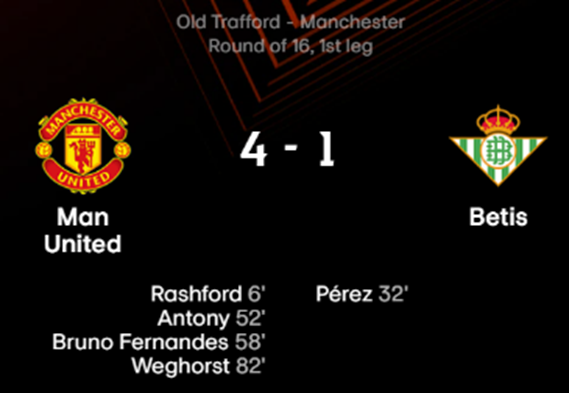 22/23시즌 UEFA 유로파리그 16강 1차전 맨체스터 유나이티드 대 레알 베티스 경기 결과