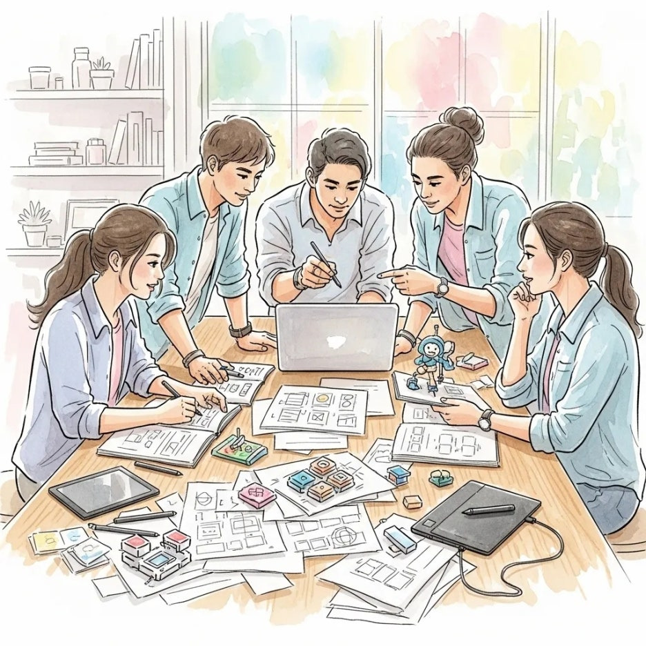 젊은 디자이너들이 협업하며 아이디어를 구상하는 모습