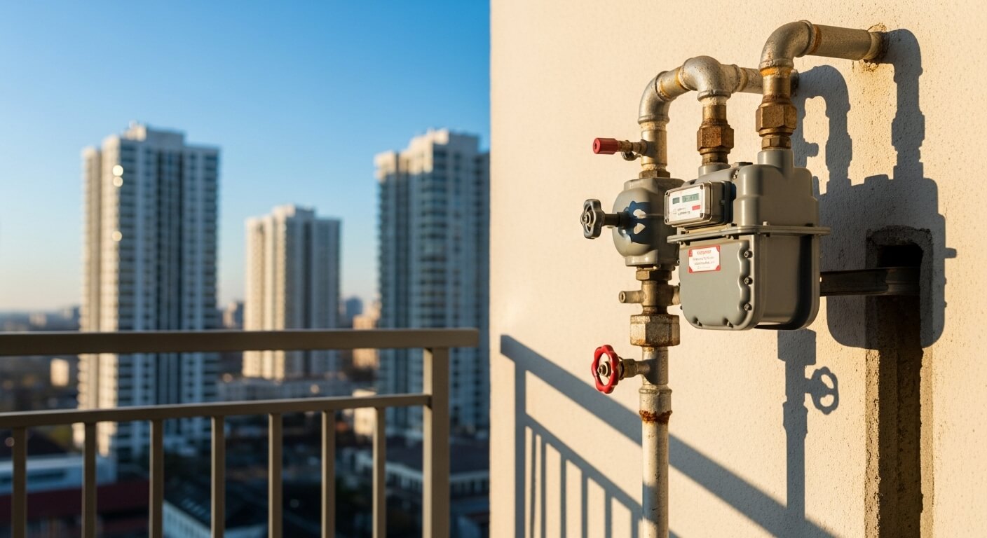 아파트 발코니 외벽에 설치된 가스 계량기와 배관
