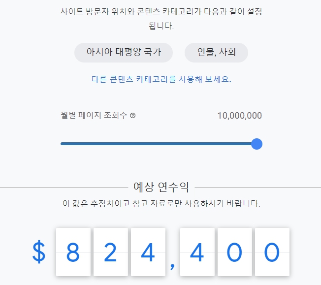 인물 및 사회 콘텐츠 구글 애드센스 예상 연 수익