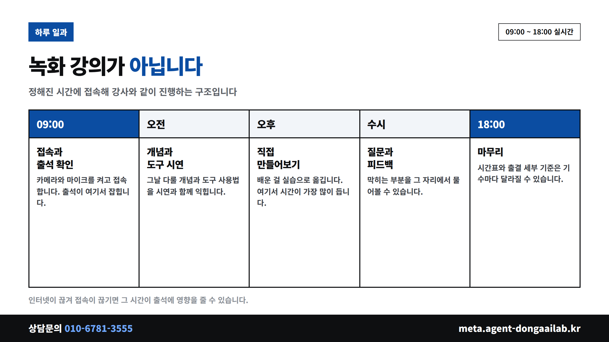 동아 AI랩 실시간 비대면 하루 일과 09시부터 18시까지 타임라인