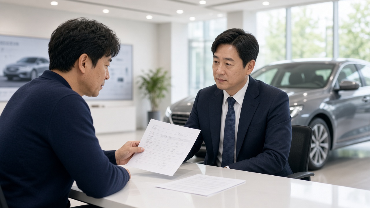 자동차 전시장 상담 테이블에서 가격표를 들고 영업 담당자와 상담하는 한국인 40대 남성