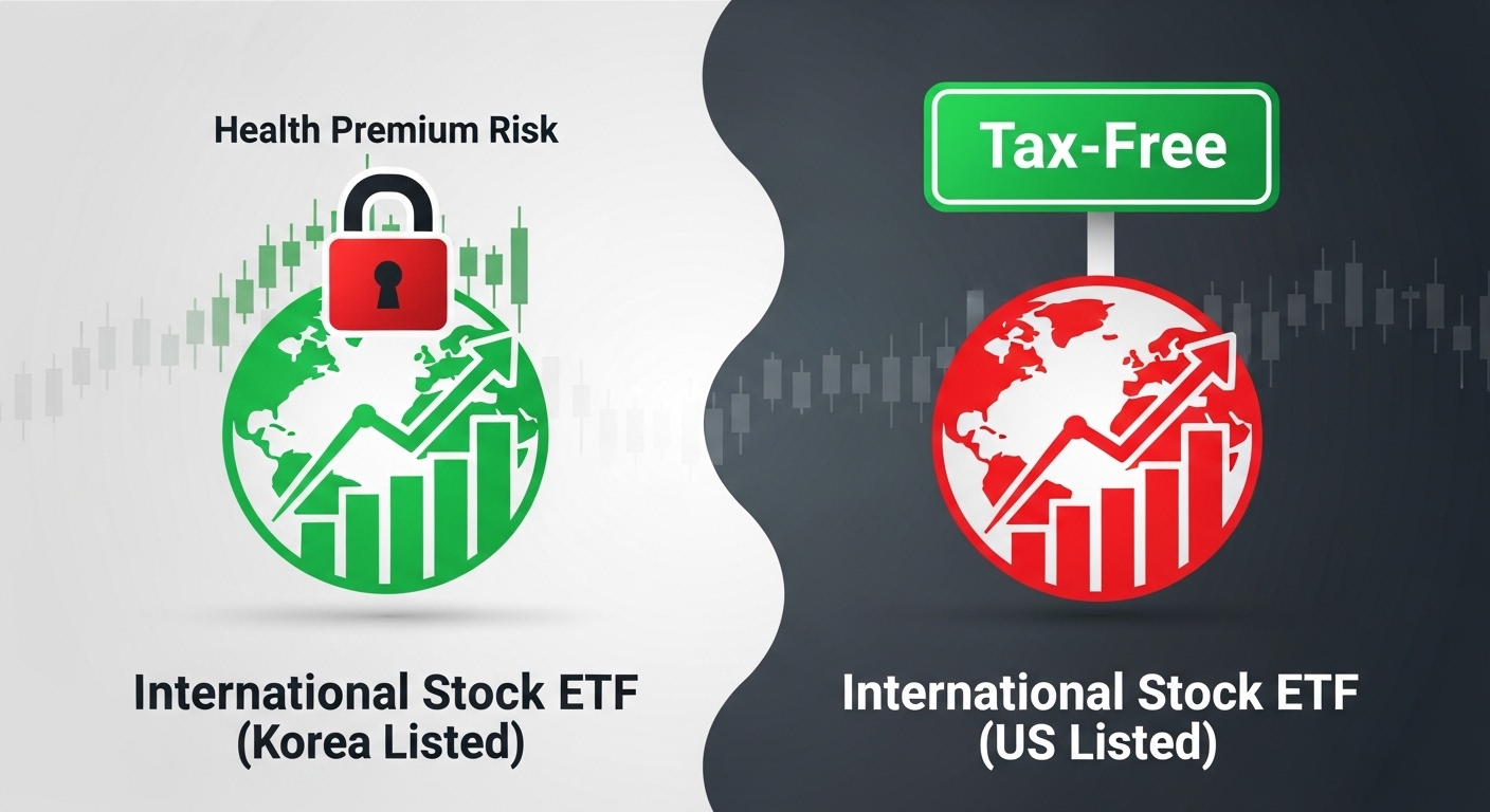 국내 상장 ETF와 해외 상장 ETF가 건보료와 세금 관련 경계선 위에 놓인 모습
