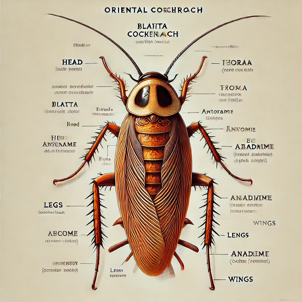 이질바퀴(Blatta orientalis)의 해부학적 구조를 보여주는 이미지로, 머리, 더듬이, 흉부, 복부, 다리, 날개 등 주요 부위가 명확히 라벨링된 교육용 일러스트.