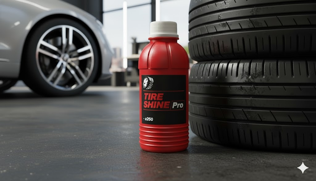 고급스러운 세단 옆에 놓인 a250 레드 타이어 광택제 용기. 깔끔하게 정돈된 공간에서 전문적인 느낌을 강조