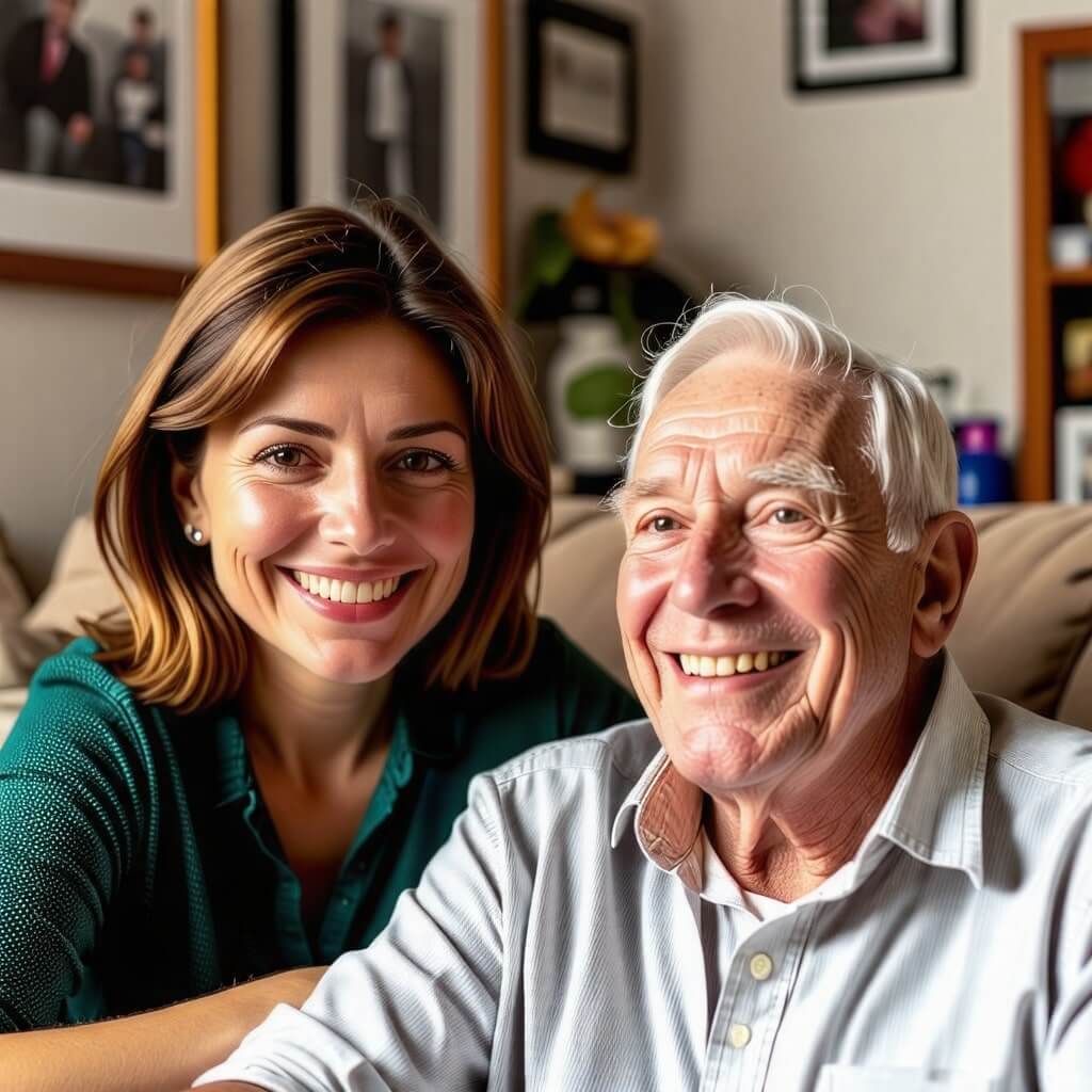 요양보호사의 감정: 요양보호사가 노인과 함께 웃고 있는 모습. 따뜻한 감정과 유대감을 표현하는 장면.