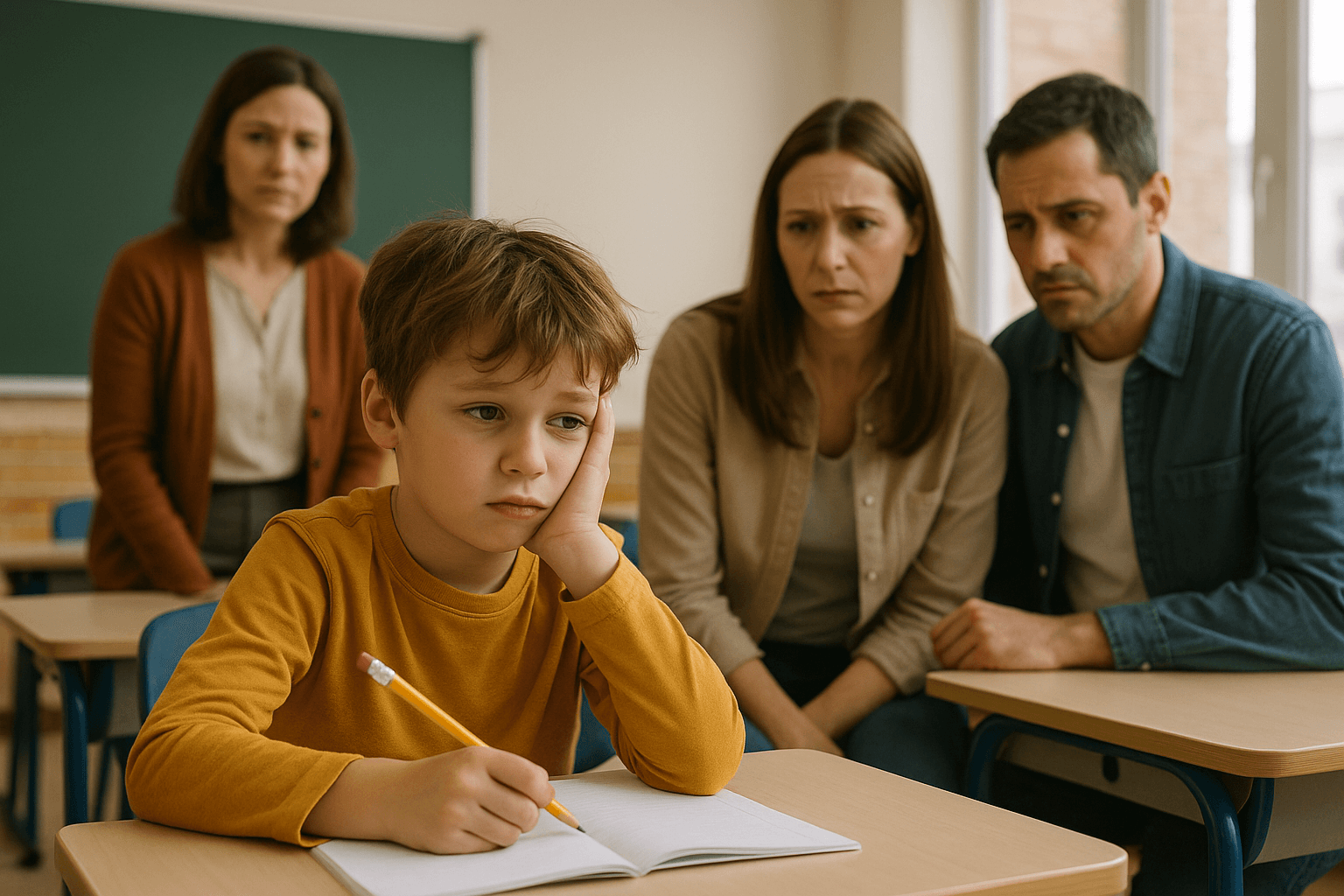 수업에 집중하지 못하는 학생과 걱정하는 부모 및 교사의 모습(출처**자체제작)