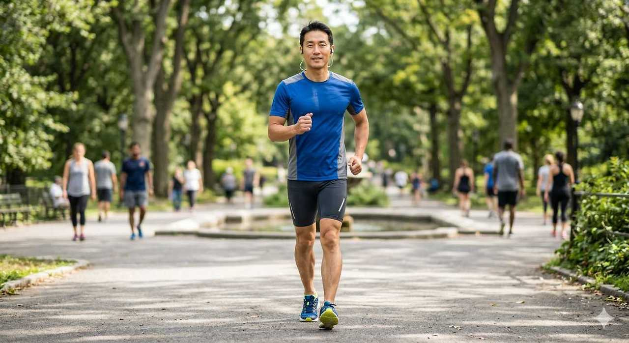 바른 자세로 걷기 운동을 하는 중인 남성의 모습