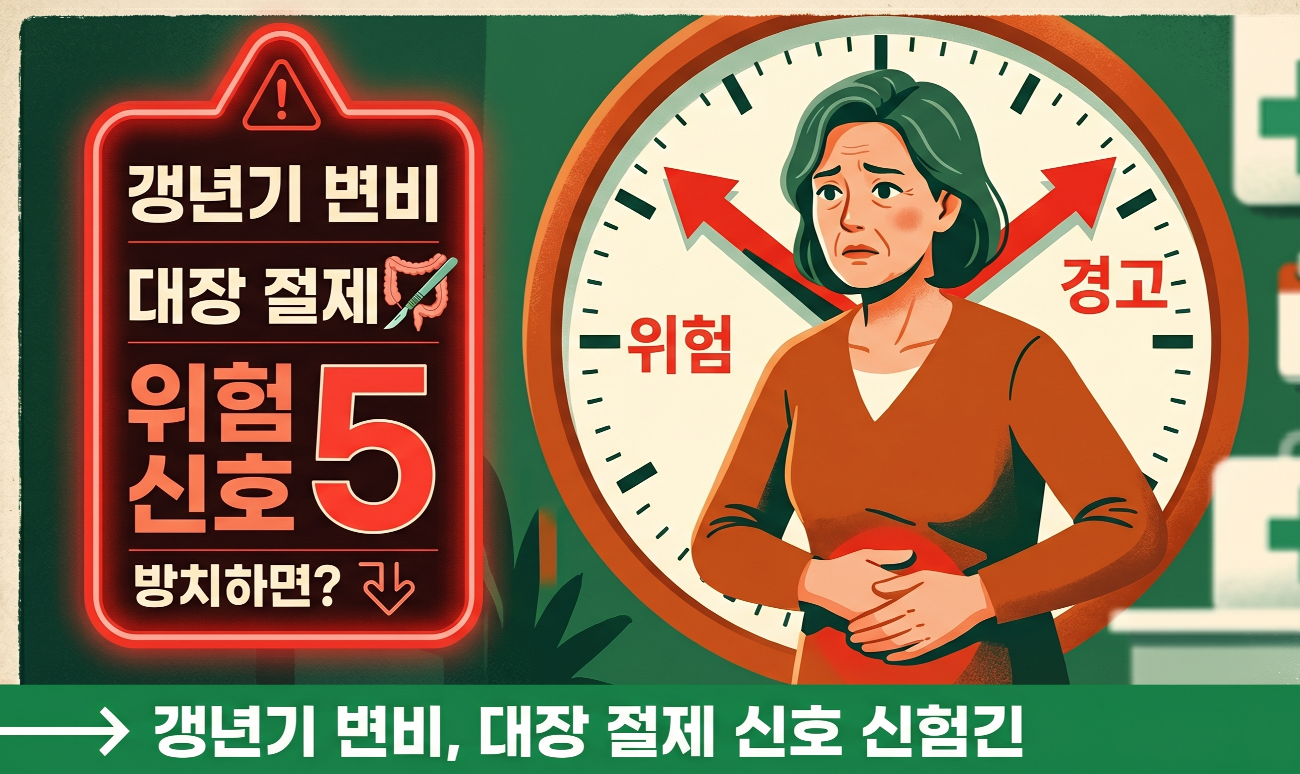 중년 변비 대장 절제 위험 신호 5가지 인포그래픽 갱년기 변비 방치하면 가성 장폐색 게실 합병증 경고