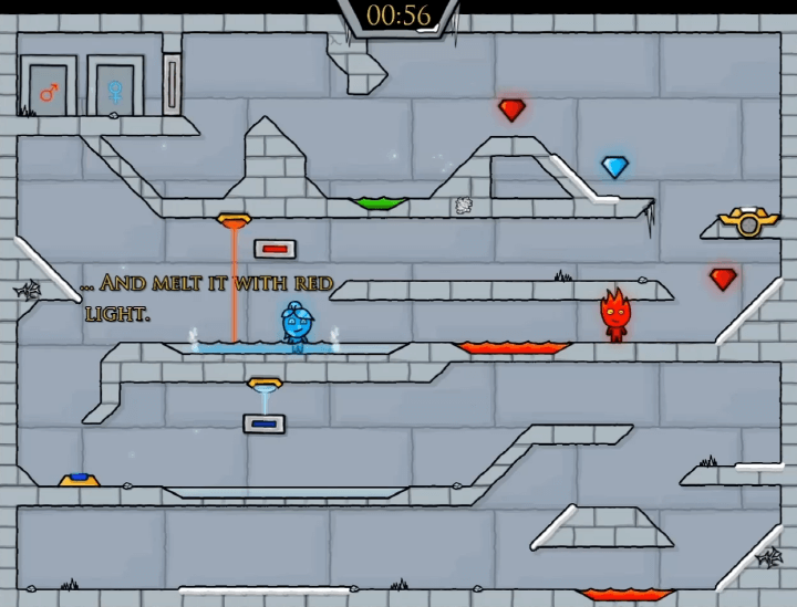 불과-물-2인용-게임하기-3-아이스템플-플레이-소년이-빨간색-버튼을-밟고-불-광선을-작동시켜-얼음을-녹이는-화면