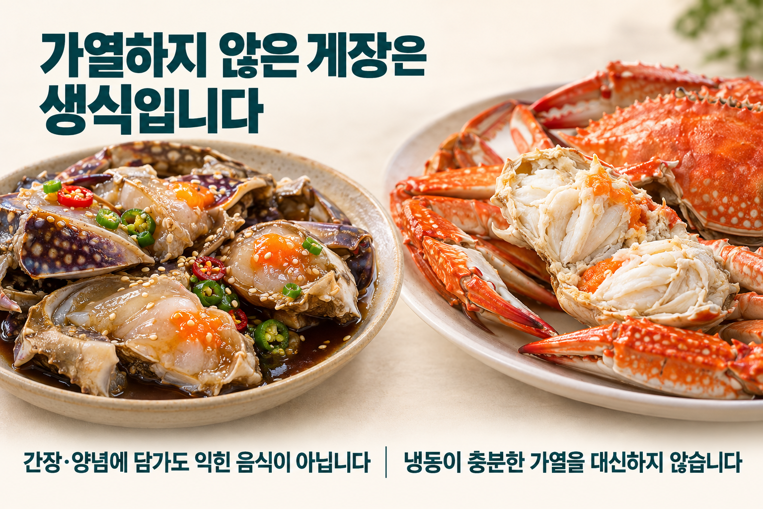 가열하지 않은 게장과 익힌 꽃게의 상태를 비교하고 양념&middot;냉동과 가열을 구별하는 안내