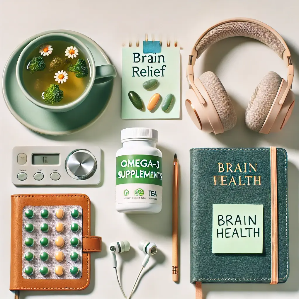 하얀 배경 위에 정리된 오메가3, 녹차, 뇌 건강 저널, 노이즈 캔슬링 이어폰, '집중력 회복 루틴' 메모카드의 전문 스튜디오 촬영 사진