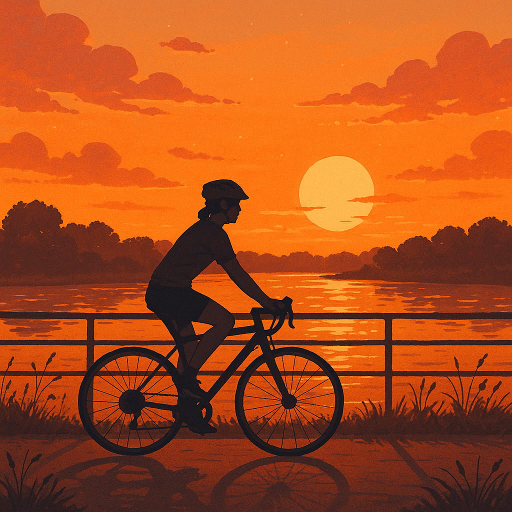 해질녘 강변을 달리는 자전거 초보 라이더가 500km를 향해 성장하는 모습을 따뜻한 톤으로 담은 감성 일러스트
