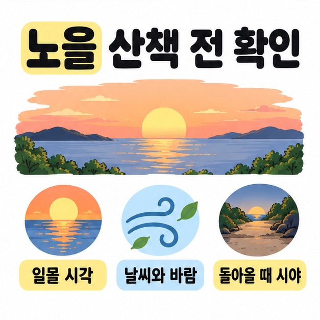 노을 풍경 아래 일몰 시각, 날씨와 바람, 돌아올 때 시야를 각각 해넘이와 바람, 어두워지는 길 그림으로 표시한 안내