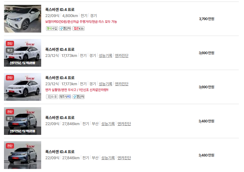 폭스바겐 ID.4 중고차 가격 시세표 연비