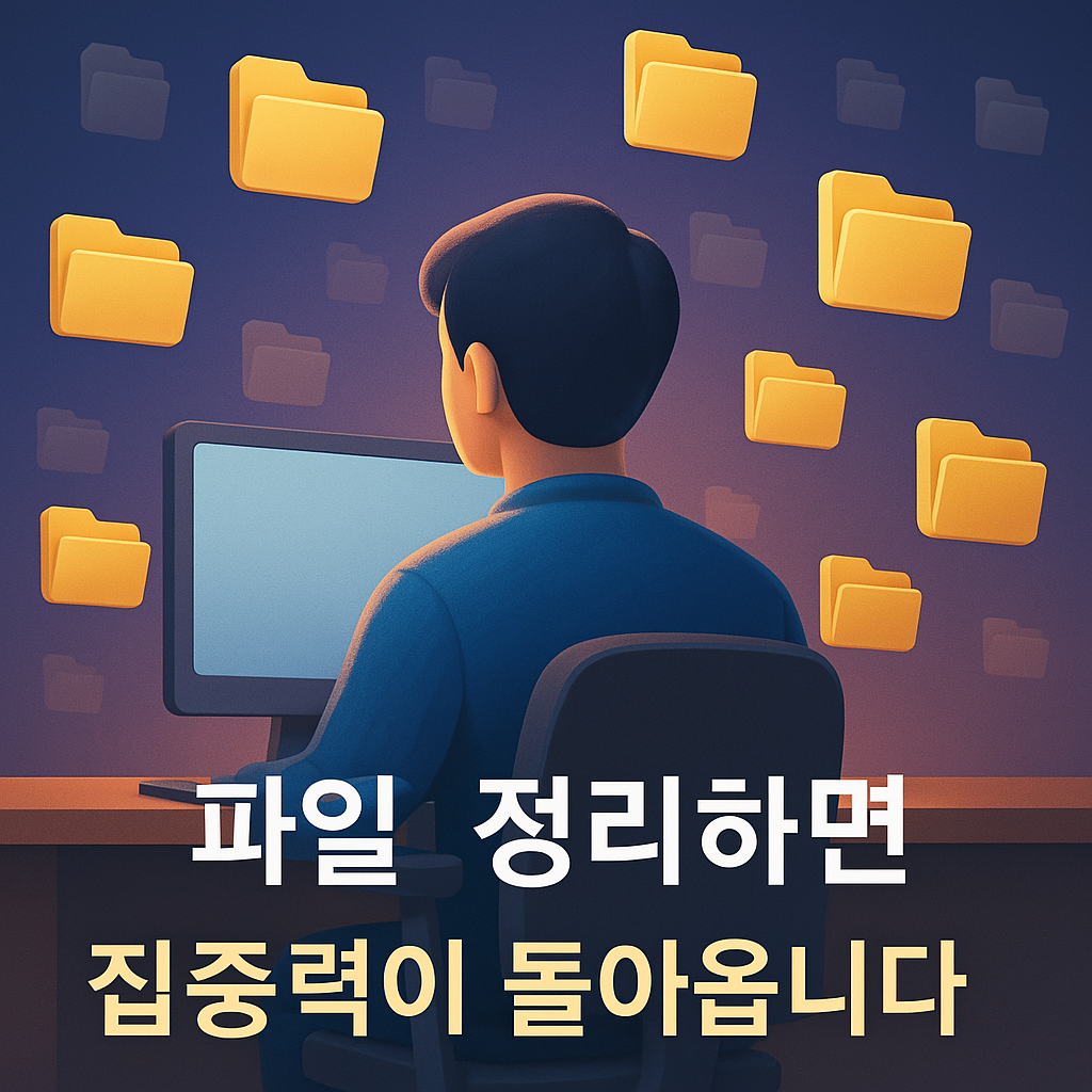 컴퓨터 파일 정리하는 사람 뒷 모습을 표현한 사진