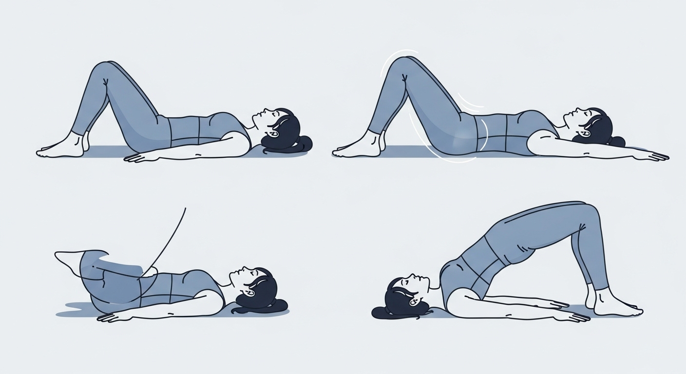 엉덩이와 허리 근육을 강화하는 브릿지 운동의 단계별 자세를 보여주는 일러스트.