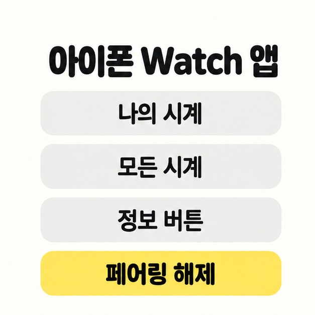 아이폰 Watch 앱의 나의 시계, 모든 시계, 정보 버튼, 페어링 해제 메뉴를 위에서 아래로 나열한 카드
