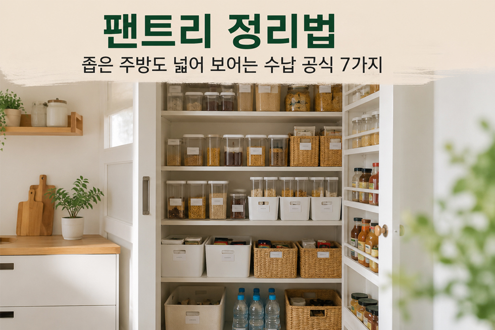 좁은 주방을 넓어 보이게 만드는 팬트리 정리법. 투명 밀폐용기와 수납 바스켓으로 깔끔하게 정리된 팬트리 수납 공간.