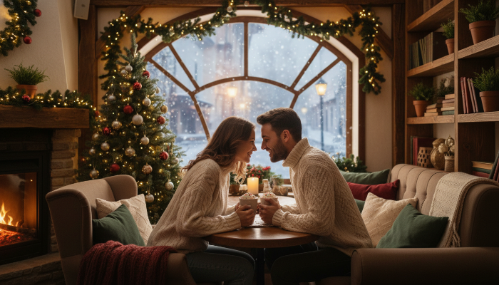 크리스마스 장식으로 꾸며진 따뜻한 카페에서 웃음꽃을 피우는 연인, 아늑한 겨울 로맨스 분위기