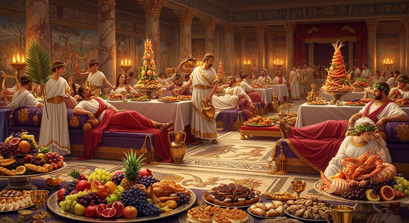 고대 로마의 호화롭고 퇴폐적인 연회 장면. 웅장한 공간에서 사람들이 음식과 술을 즐기고 있다.