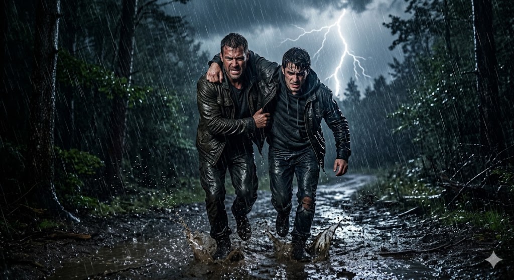 Desperate scene of two men supporting each other in pouring rain