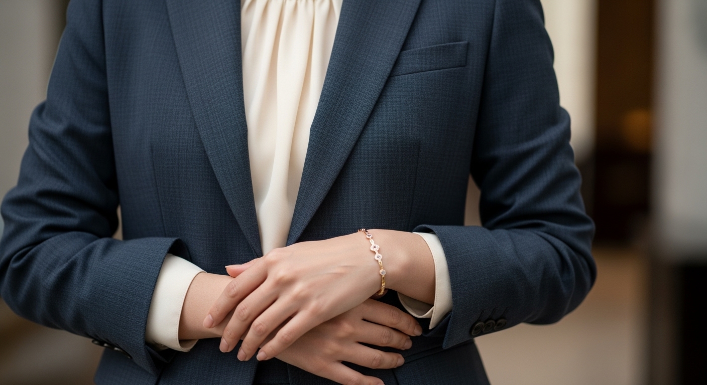 잘 재단된 다크 블루-그레이 팬츠 수트를 입은 40대 여성의 상반신 모습. 고급 실크 블라우스와 섬세한 팔찌가 우아함을 더합니다.
