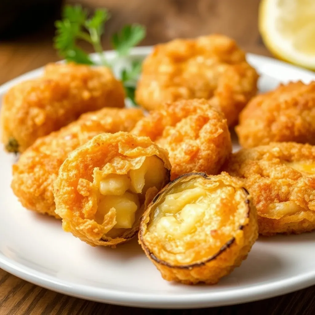 노릇하게 잘 튀겨진 가지 튀김 여러 조각이 접시에 담겨 있고, 튀김의 바삭함을 강조하기 위해 단면이 살짝 보이는 컷이나 갓 튀겨 김이 나는 모습이 좋습니다.