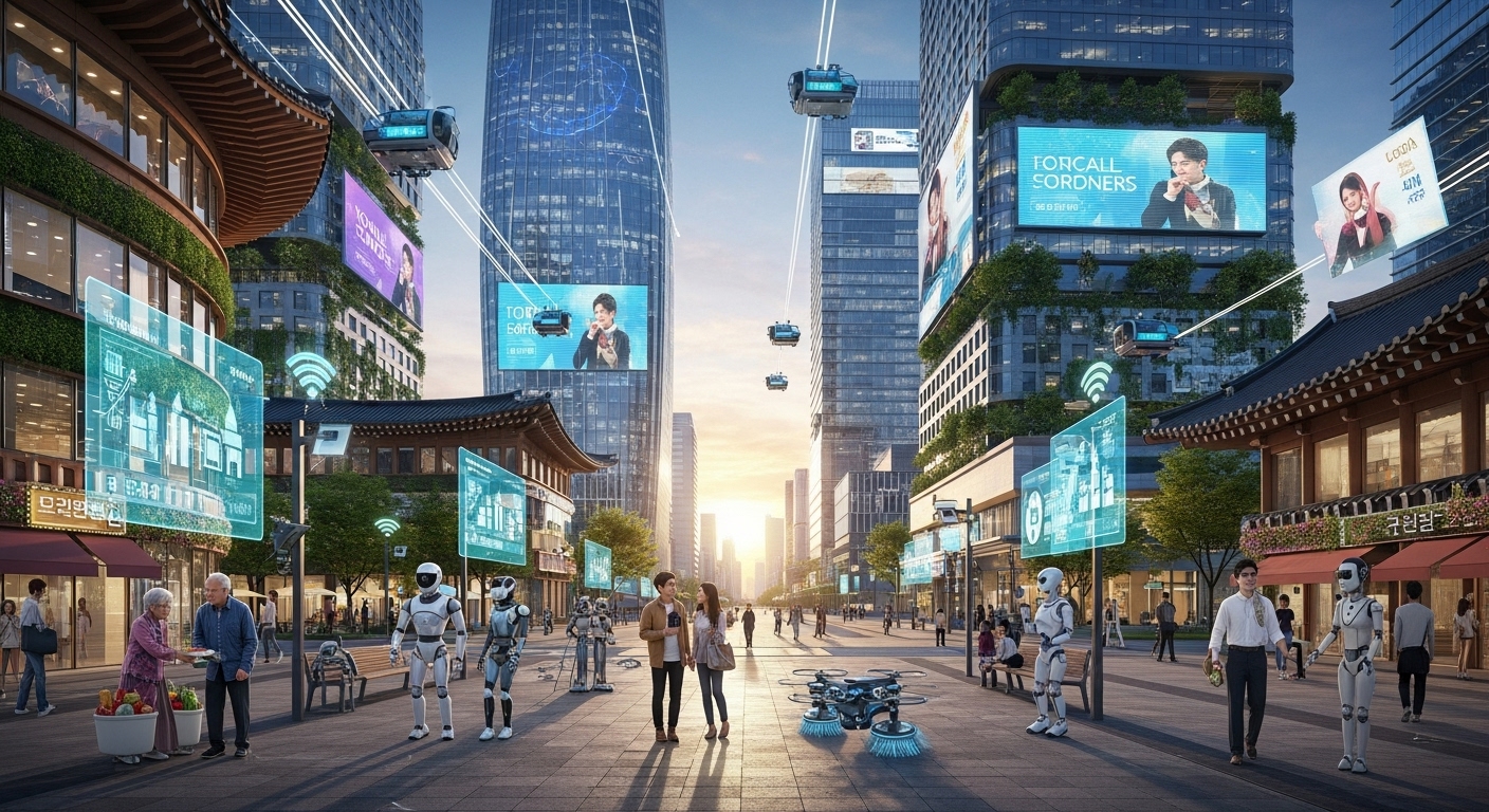 한국의 미래 도시에서 휴머노이드 로봇이 시민들과 자연스럽게 어울리며 다양한 역할을 수행하는 모습을 보여주는 이미지.