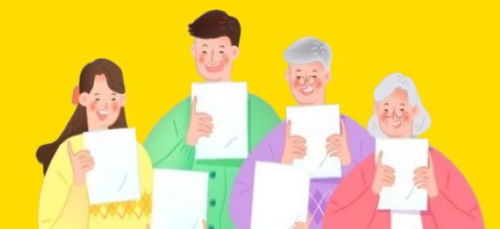 "다양한 세대의 남녀가 서류를 들고 웃고 있는 모습. 전 국민을 대상으로 한 소비지원금 정책 수혜자를 상징적으로 표현."