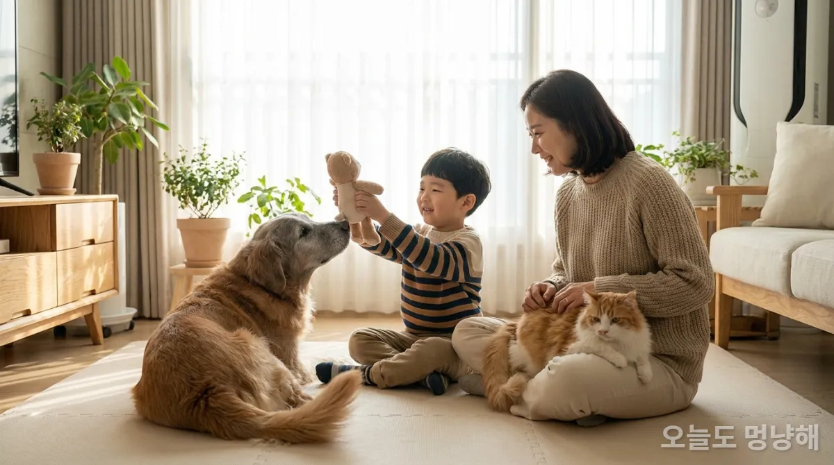 한국 가족이 노령견과 노령묘와 함께 다정하게 교감하며 놀아주는 모습